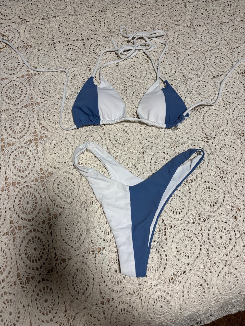 Two-Tone Blue and White Triangle Bikini Set